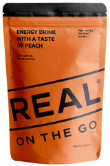 Real On the Go Energidrikk Peach Tilsett vann, rist og drikk fra posen