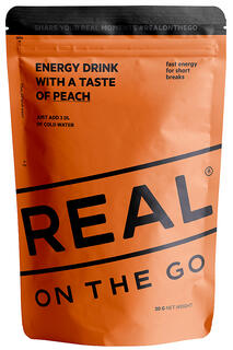 Real On the Go Energidrikk Peach Tilsett vann, rist og drikk fra posen